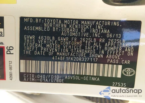 2013 Toyota Camry Le из США, поврежденный, VIN 4T4BF1FK2DR327117